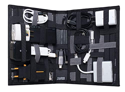 Strapbook Elastic Grid Organizer Book for Electronics Accessories Travel Cables Chargers and More (Black Leather)