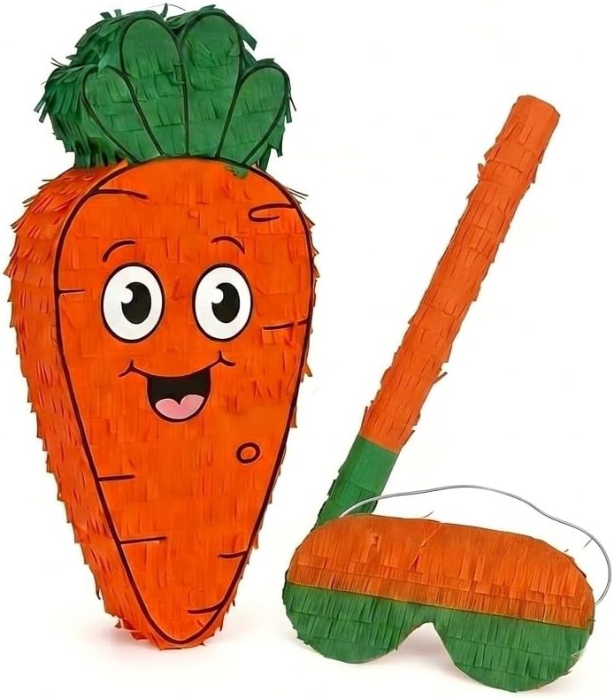 Forenee Carrot Piñata - 3Pcs Set with Blindfold and Stick - Cute Orange Vegetable Pinata for Easter Theme Party, Garden Birthday Decorations, Kids Party Supplies