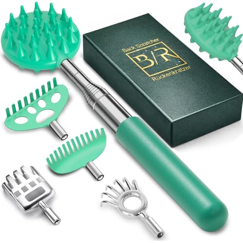 VOMEP Rückenkratzer mit 4 abnehmbaren Köpfen, tragbarer ausziehbarer Rückenkratzer, Geschenke für Damen und Herren, Strumpffüller, Metall-Edelstahl-Massagegerät/Rückschlag zum Kratzen