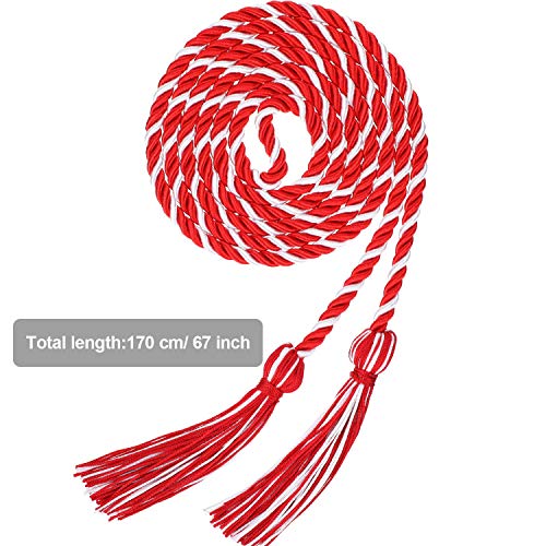 Image of TecUnite Graduation Cords Honor 2026 Polyester Yarn Decorative 67 inch Long Garland Twist Ties with Tassels for Bachelor Gown Graduation(Red with White)