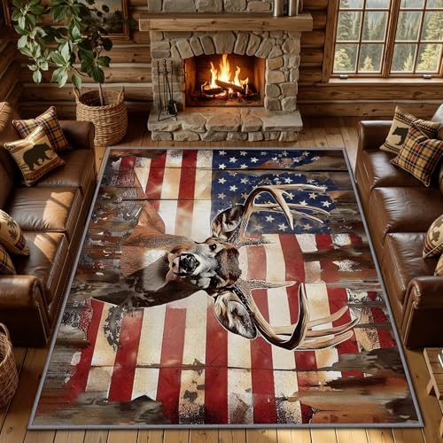 COLORCITY Elk Rug 5x6 - Rustic American Flag Wildlife Area Rugs for Bedroom Living Room, Hunting Cabin Animal Machine Washable | Non-Slip | Soft Carpets, Wildlife Room Decor #W162