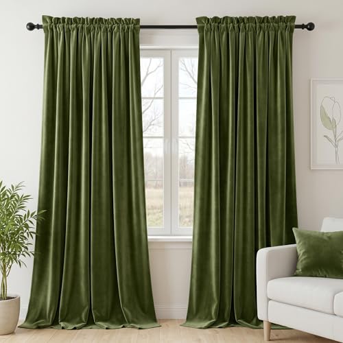 Dchola Olive Green Velvet Curtains for Bedroom Window Super Soft Vintage Luxury Heavy Drapes Room Darkening Rod Pocket Curtain for Living Room W52 by L84 inches 2 Panels