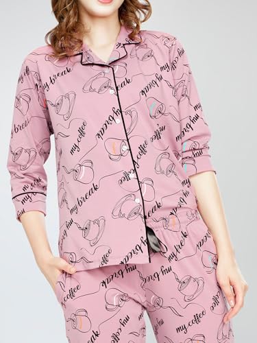 Image of ZEYO Night Suit for Women's Cup & Saucer Printed Cotton Night Dress of Shirt and Pajama Set 5757