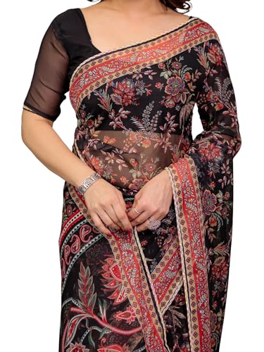 Image of ALMAARI FASHIONWomen's Floral Printed Organza Saree with Unstitched Blouse Piece | Traditional Ethnic Wear Sarees | Soft Lightweight Ethnic Office Wear Daily Wear Indian Sari (ORGANZA 121-130 H)