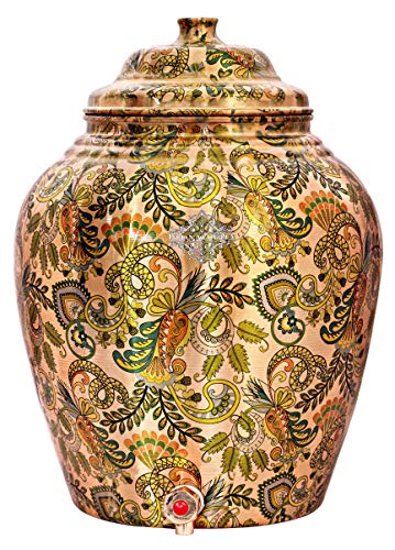 Image of Indian Art Villa Printed Design Copper Water Dispenser Pot Matka, Stoarage, Home Garden, 6 LTR, Light Brown