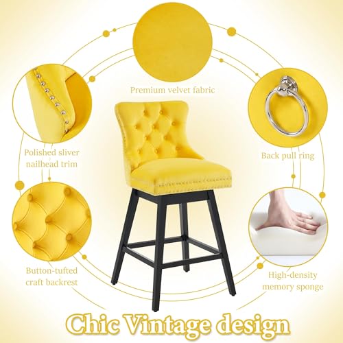Image of Yellow Swivel Bar Stools, Velvet Counter Height Bar Stool Set of 6 | 360 Swivel Bar Chairs, Solid Wood Legs, Upholstered Kitchen Island Stools, Modern Extra Wide Seat (Yellow, 26 inch H, 6 Pack)