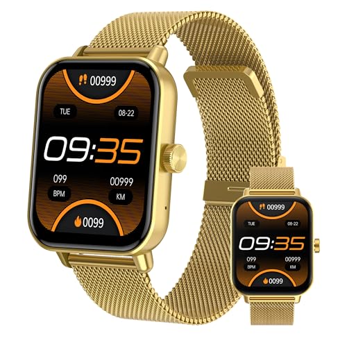 Digitec Montre connectée Square dorée avec Bracelet en Maille milanaise dorée, Homme Femme, Suivi activité et Sommeil