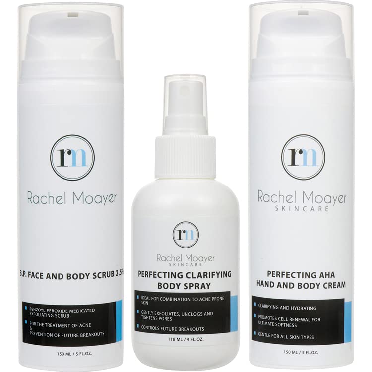 RM Blemish Free Body Bundle 2 includes RM AHA + hand and body cream, RM perfecting body spray, RM BP 2.5 body and face scrub