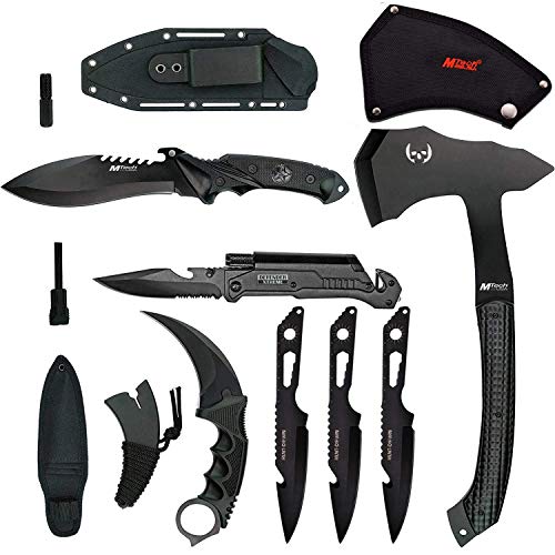 Blade Factory 7pc Tactical Set Full Tang Fixed Blade Knife Spring Assisted Multi
