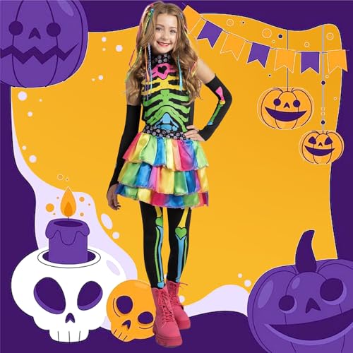 Ntwdby Disfraz Halloween Niña Esqueleto, Colorido Disfraz de Esqueleto para Niñas, Vestido Esqueletos de Halloween Niñas, Disfraces de Esqueletos para Niña para Halloweens Carnaval y Cosplay (M)