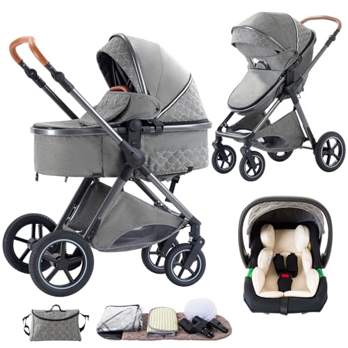 Shineey Kinderwagen 3 in 1,Puppenwagen Buggy Faltbarer Kinderwagen Set, Kombikinderwagen 3 in 1 mit Großer Bequemer Babywanne, Laufwagen Rahmen Aluminiumlegierun (H2 DEEPGREY, H2)
