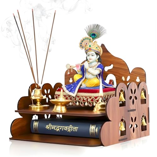 Image of GLUN Wooden Pooja Mandir Small Size | Wall Mount & Tabletop Stand | Decorative Temple with Bells for Home & Office