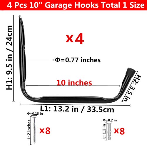 Heavy Duty Giant Garage Storage Hook Wall Mounted Utility Hanging Rack for Surfboard,Ladder,Kayak (4 Pcs Black 10