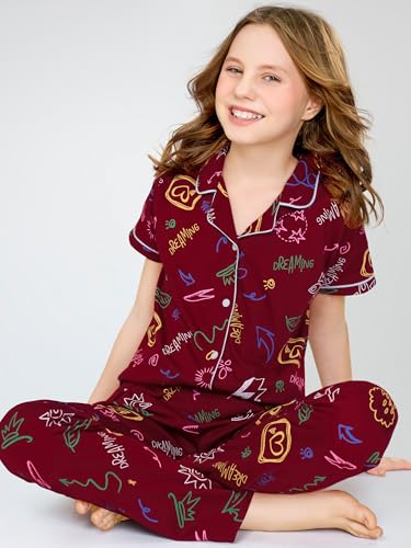 Image of ZEYO Night Suit for Girl's Printed Cotton Night Dress of Shirt and Joggers Set 5532