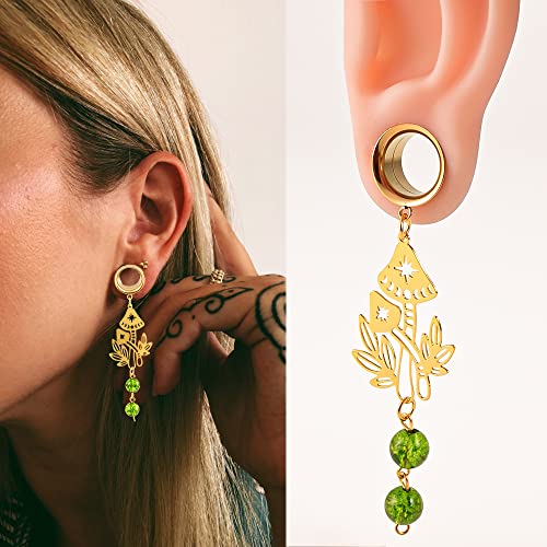 Doearko 2Pcs Mushroom-Pendant Natural Stone Hypoallergenic Stainless Steel Dangle Ear Plugs Tunnels Ear Gauges Stretcher Pair Selling 2G 0G Piercing Body Jewelry (22Mm(7/8"), Gold) #TOP2