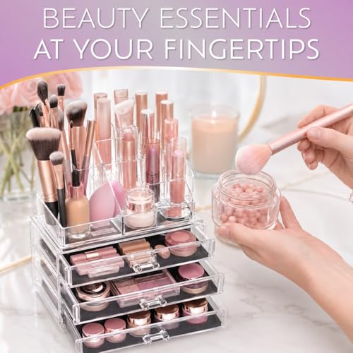 Image of Brookstone Makeup Organizer Countertop, Cosmetic Display Case, Acrylic Makeup Storage for Vanity, Clear Make-up Organizer for Vanity, Accessories Holder with Drawers