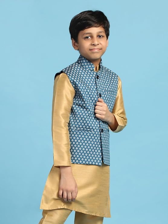 tututree Boys Nehru Jacket | Kids Indo-Western Waistcoat, Modi Coat, Sleeveless Kurta Vest for Wedding, Party & Ethnic Wear | Adjustable Fit | Ages 3–14 Years (Blue, 5 to 6 Y) 1