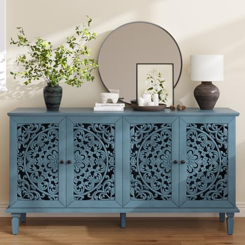 WILSHINE Sideboard Buffet Credenza Cabinet, 4-Door Hollow-Carved Accent Buffet, 60"