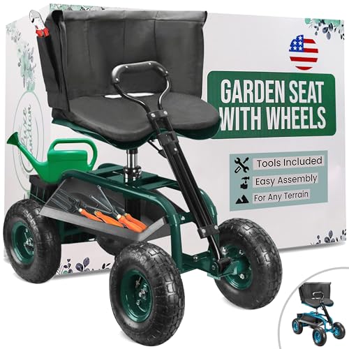 Luxe Function Garden Seat with Wheels – Adjustable 360° Swivel Gardening Stool with Hydraulic Height Adjustment, Ergonomic Backrest, and Tool Storage – Rolling Stool for Garden, Yard, and Outdoor Use