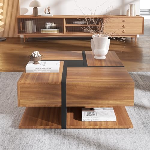 Merax Coffee Table with 4 Drawers, Unique Color Matching and Line Design, Living Room Coffee Table with Storage Space at the Bottom, Modern Square Design, 78x78x36cm, Natural - Image 8