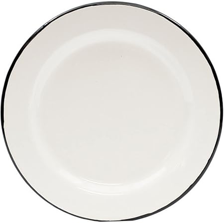 Tablecraft Enamelware Collection Black Rim Solid White Enamel Round Salad Plate, Camping, RV, Farmhouse, Home & Restaurant Use Porcelain over Steel Reusable, Vintage, Boho, Retro, 8" Diameter