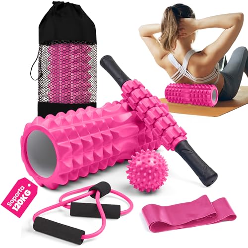 unycos - Rodillo【PP/EVA】para Masaje Muscular | Set 5 en 1 con Foam Roller que Soporta 120 kg, Palo de Masaje, Bola de Masaje, Banda de Resistencia, Cuerda de Forma y Bolsa de Transporte (Rosa)
