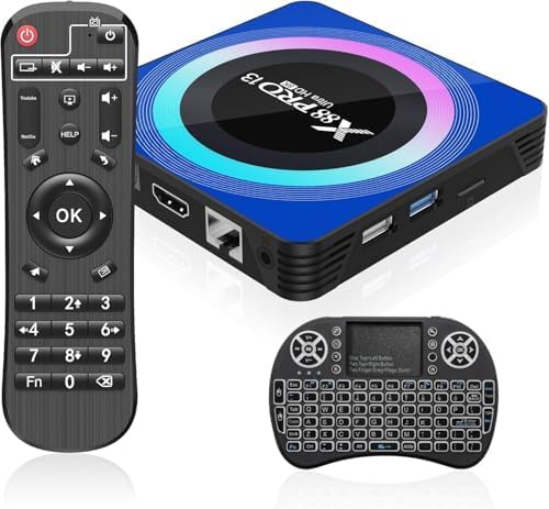 Android 13.0 TV Box, X88 PRO 13 Android Box 4GB RAM 32GB ROM Quad Core 64bit with Backlit Mini Wireless Keyboard,Supporting BT5.0 2.4G /5G Dual-Band WIFI6 8K Ultra HD Resolution Smart TV Box 2024