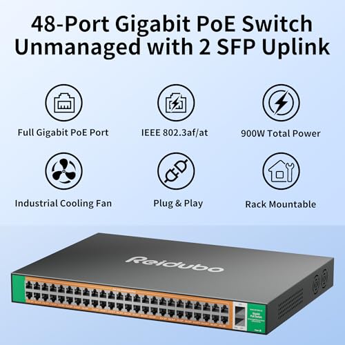Image of Gigabit PoE Switch Unmanaged 48 Port with 2*1000Mbps SFP Uplink, Total 900W High Power PoE+ Network Switches, 802.3af /at, AI Watchdog Ethernet Switch