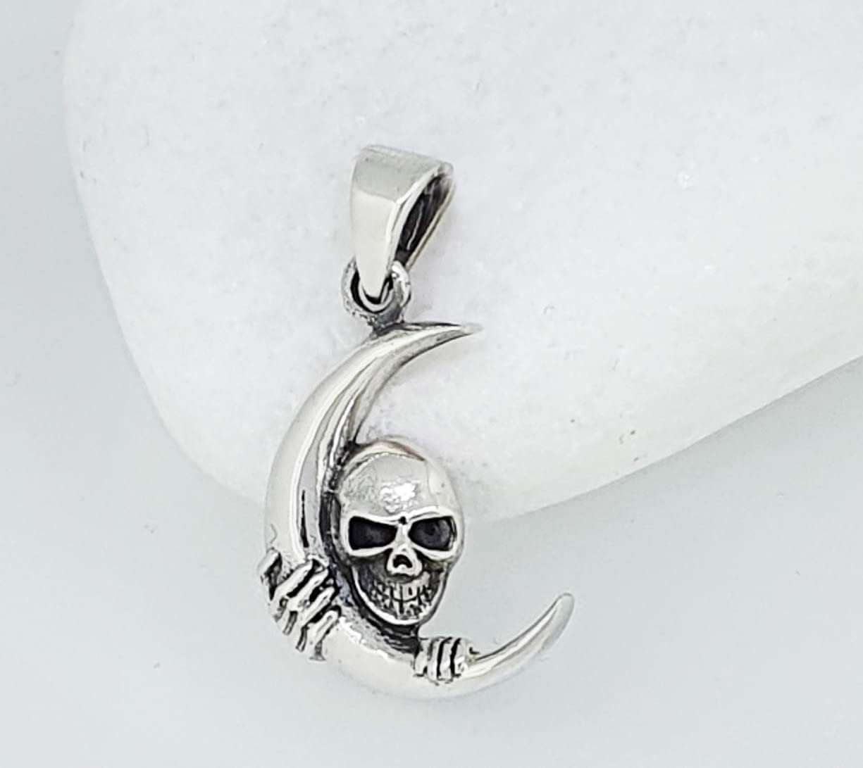 Skull Pendant | 925 Sterling Silver Crescent Moon Skull Pendant Necklace For Men and Women