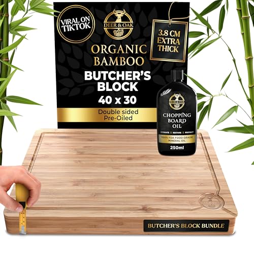 Deer & Oak Extra Large Chopping Board & Oil Bundle - 40 x 30 x 3.8cm Extra Thick Wooden Bamboo Butcher's Block and 250ml Chopping Board Oil Set