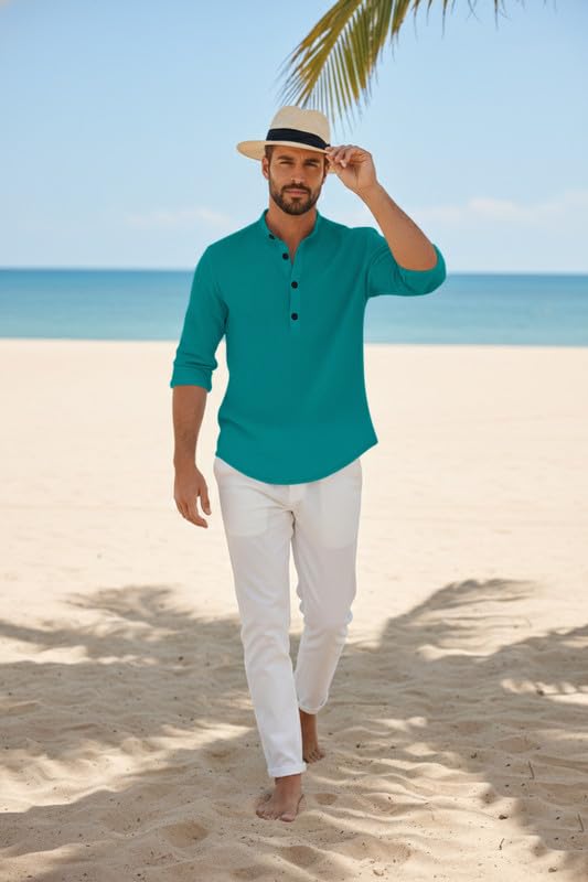 Image of Men's Cotton Blend Short Kurta with Collared Neck Full Sleeves Solid Pattern Western Style Regular Fit and Standard Length