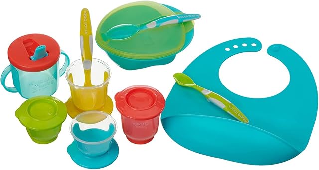 Vital Baby Nourish Start Weaning Kit - Weaning and Feeding Set - Spoons, Pots, Bowl, Cup & Bib - Bright Colours & Durable Materials - BPA, Phthalate & Latex Free - Essential Baby Led Weaning - 10pcs