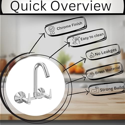 Image of Gloxy Premium Brass 2 in 1 Wall Mounted Sink Mixer with 360 Swivel Spout - Nano Lever Kitchen Sink Mixer with Chrome Finish - Hot & Cold Water Mixer for Bathroom & Kitchen Sink - 10 Years Warranty