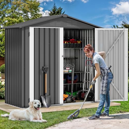 DWVO 6x4ft Small Tool Storage Shed, Lockable Doors, and Sloped Roof, Oversized Steel Outdoor Storage Shed for Garden, Patio, Garage, Backyard, Lawn - Dark Gray