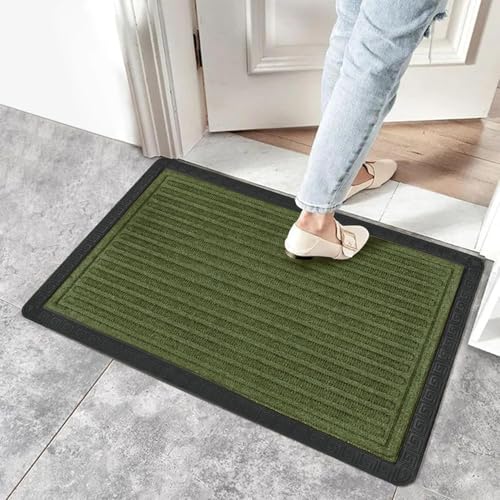 Image of Yellow Weaves 2 Pcs Door Mat for Home Entrance, Outdoor Rubber Mat - Non-Slip, Anti Skid Foot Mat, Dirt Trapper, Heavy-Duty, Weather-Resistant, Waterproof Doormat (40x60cms, Stripe, Olive Green)