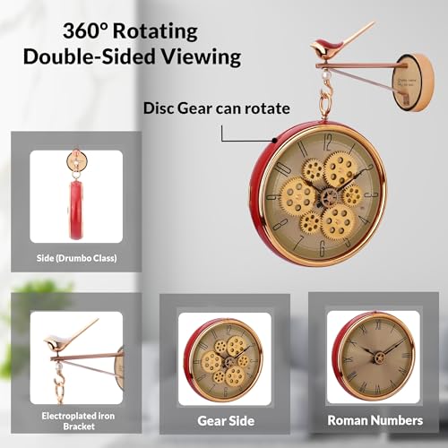 Image of Amazon Brand - Umi Silent Hanging Double Sided Wall Clock for Living Room Station Clock Two Faces Moving Gear Stylish Wall Clock for Hallway Office Home Decor 33 x 83 cm UC-13489 (Red)
