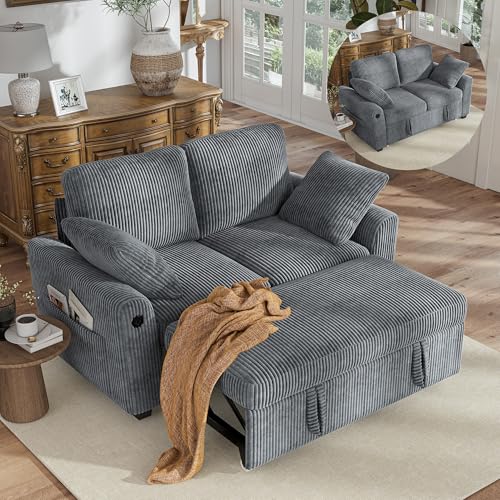 Image of Hanherry 59 inch Loveseat Sofa with Pull Out Couch Bed, Corduroy 2-in-1 Convertible 2 Seater Sleeper Sofa with USB Charging,Comfy Love Seat for Small Spaces Living Room Apartment
