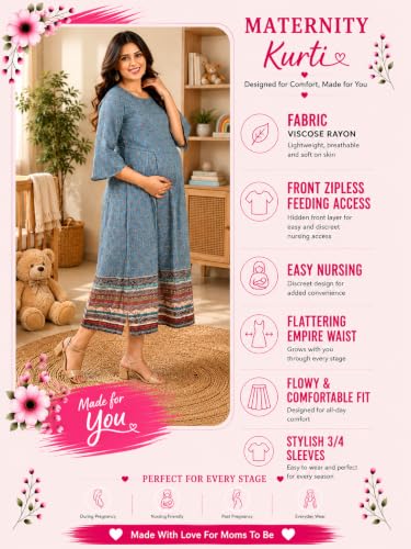Image of RITIJYA Zipless Feeding Kurta Dress for Women | Maternity Nursing Kurti, No-Zip Easy Access | Extra Pleats Pre to Post Pregnancy | Quick-Dry Fabric | S-4XL