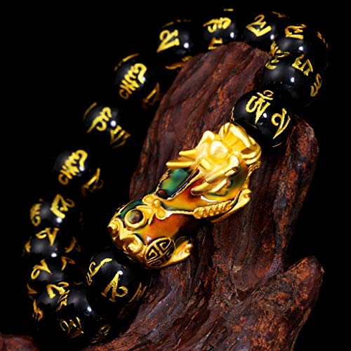Baoblaze Feng Shui Obsidian Preto Esculpido Talão Pixiu Pulseira - Preto