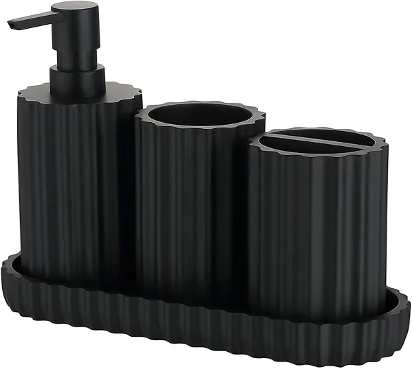 Kmeino Matte Black Bathroom Accessories Set 4 Pcs Resin Bathroom Accessory Set Includes Soap Dispenser Toothbrush Holder Vanity Tray Bathroom Tumbler