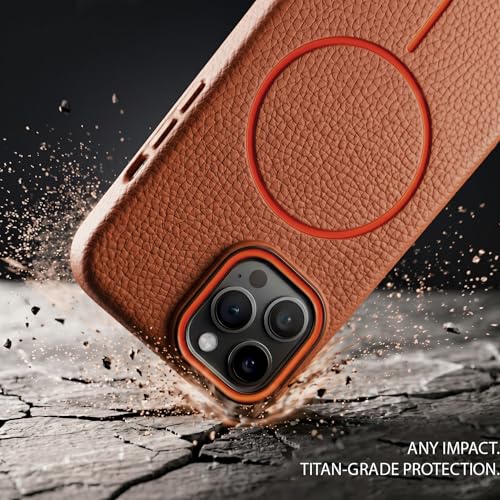 Image of amazon basics Luxury MagSafe Compatible Leather Texture Back Cover for iPhone 13 Pro | Raised Camera Protection | Slim Fit Shockproof Case with Metallic Accents (Orange)