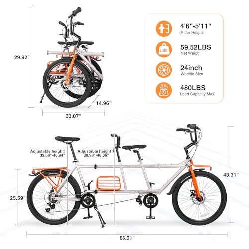 Image of Heavy Duty 24 Inch 6 Speeds Folding Tandem Bike for Adults-2-Seater Foldable Double Bike Folding Tandem Beach Cruise Bike with Front and Rear Carrier,2 Colors