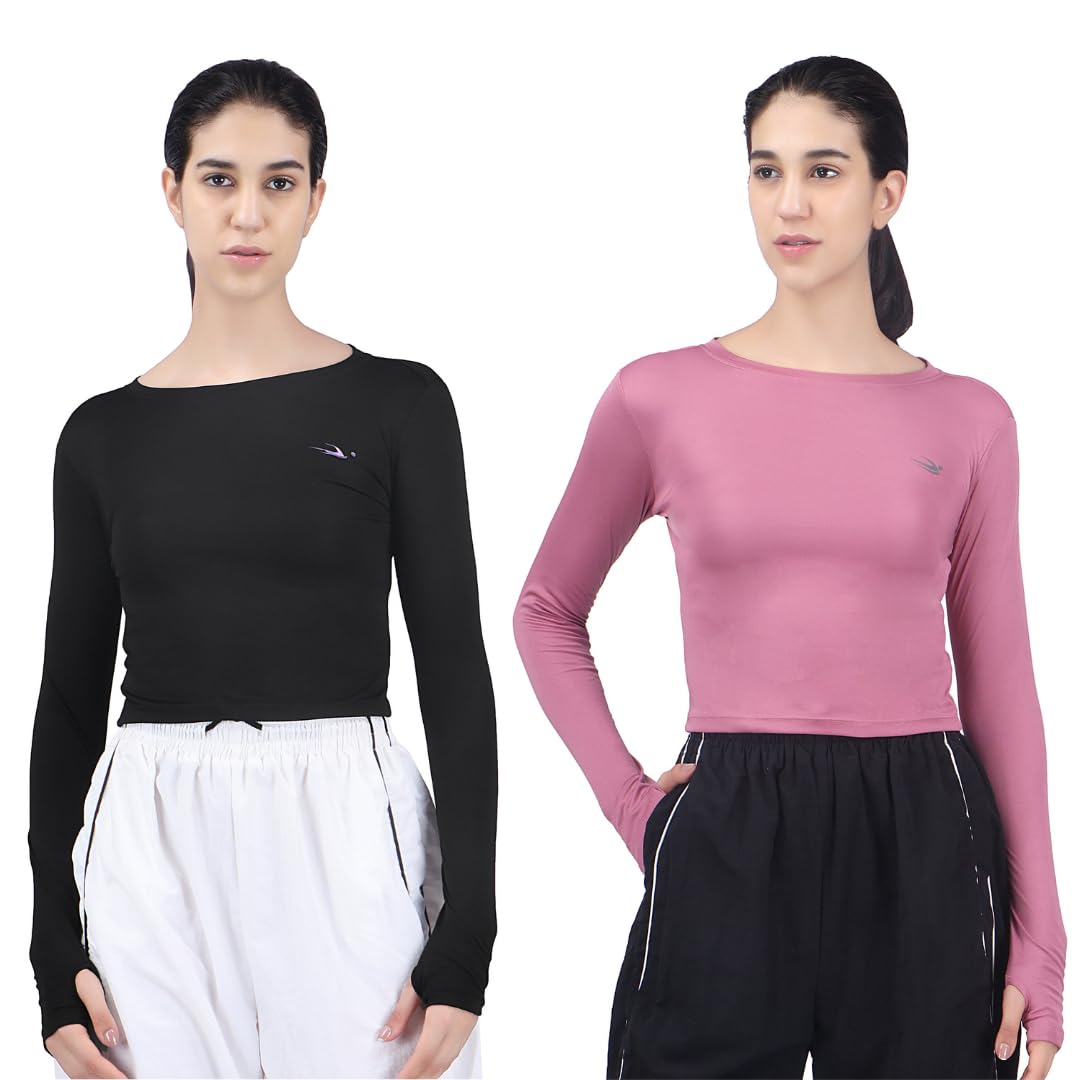 amazon brand - inkast Women's Polyester Fitted Solid Fit T-Shirt | Active Wear Crop Tops with Thumbhole | Casual Sport Wear | Gym | Training | Running | Workout-picture-46