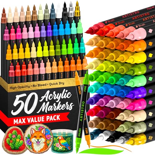 Image of ARTISTRO Acrylic Glass Markers for Wine Glasses and Drinkware (50 Pack), Vibrant Dual Tip Paint Pens for Party Charms & Bar Tools (Brush + Fine Tips)