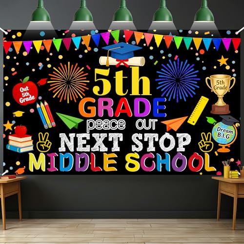 Peace Out 5th Grade Next Stop Middle School Backdrop 6x3.6ft Thickened Polyester Elementary School Graduation Decorations 2026 for Photo Booth Props & Party Supplies