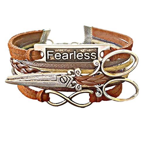 Fearless Scissor Infinity Multi Strand Vegan Leather Charm Bracelet for Women Brown and Tan 6.5 inches Adjustable Hair Stylist Jewelry