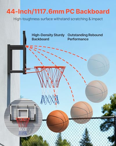 Image of VEVOR Basketball Hoop, 44 54 Inchs PC Backboard Wall Mounted, Basketball Portable Hoop & Goal, Indoor & Outdoor with Hand-Crank Adjustment, Classic Basketball Court, Teens, Adults, Schools, Parks