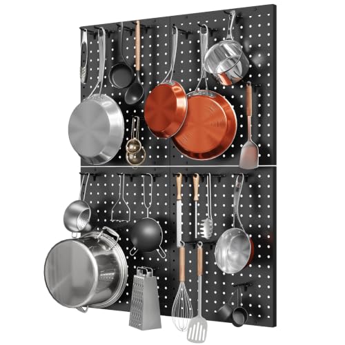 Hencawima Wall Mounted Peg board, 4 Pack Pot and Pan Organizer with 20 Hooks, Modular Kitchen Storage for Pots, Pans, Lids and Utensils, Easy Assembly