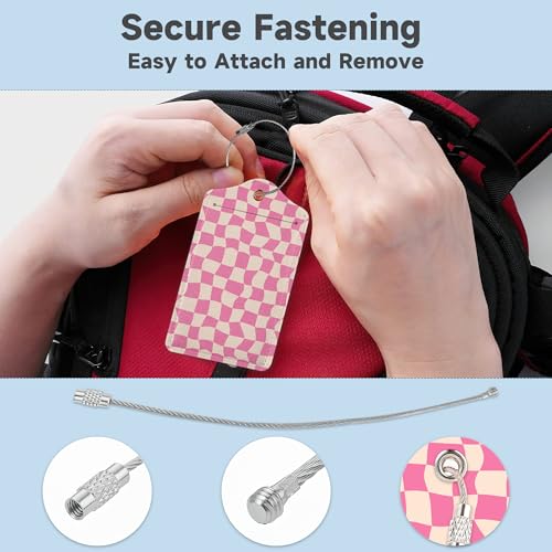 2 Pack Luggage Tag for Suitcase, Groovy Pink Checkerboard Leather Bag Tags Identifiers Privacy Cover ID Label with Durable Steel Loop for Women Men Kids Girls Travel3