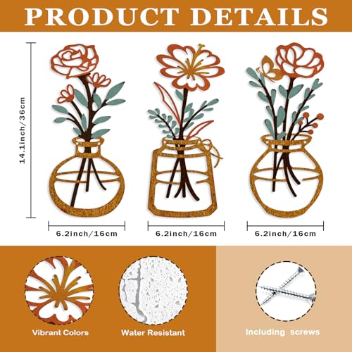 ARTINME 3 Pieces Metal Flowers Wall Arts - Rustic Farmhouse Decor Minimalist Flower Wall Decors for Living Room Bathroom Kitchen Bedroom Dining Room - Housewarming Gifts (Orange) by ARTINME - Used condition - Image 2